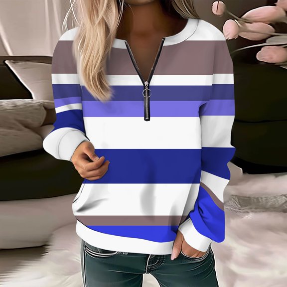 Topvent Women Casual Long Sleeve Basic Quarter Zipper Print Flowers Pullover Sweatshirts Casual Top Fall Clothes