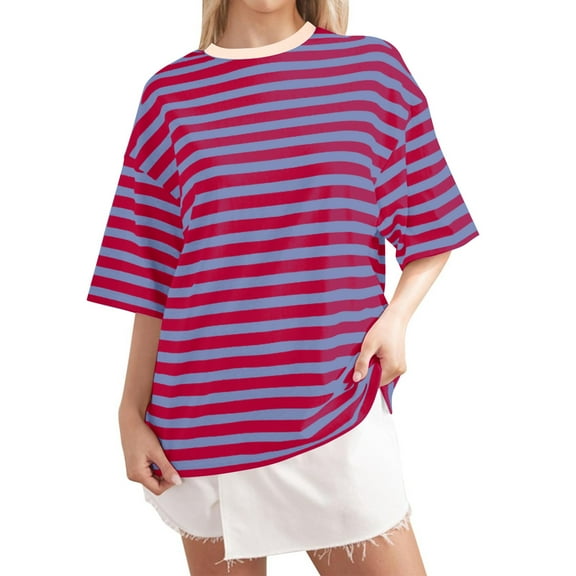 Topvent Women Oversized Striped Color Block Shirt Short Sleeve O-Neck T-Shirts Casual Loose Pullover Tops Summer Tee Tops