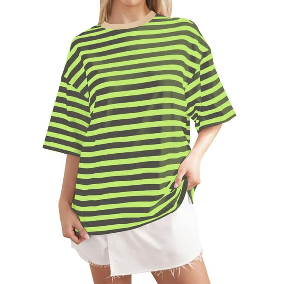 Topvent Women Oversized Striped Color Block Shirt Short Sleeve O-Neck T-Shirts Casual Loose Pullover Tops Summer Tee Tops