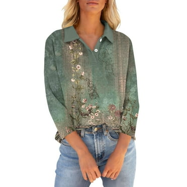 kytmyeq Women's 3/4 Sleeve T Shirts Summer V Neck Button Down Shirts Collared Casual Printed Loose Fit Tops