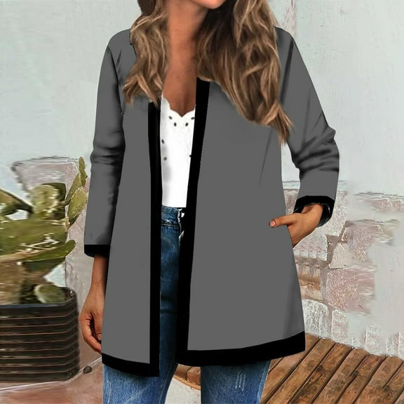 kytmyeq Women's Autumn And Winter Fashion Casual Solid Color Long Sleeve Mid-Length Cardigan Jacket