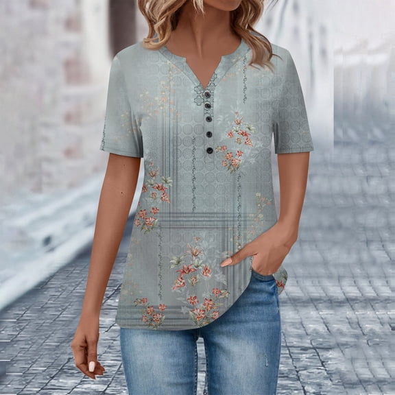 kytmyeq Women's Button Neck Tops Women's Casual Everyday Tops Short Sleeve V Neck Fashion Print Shirt Tops Pocket Tee Sweatshirts