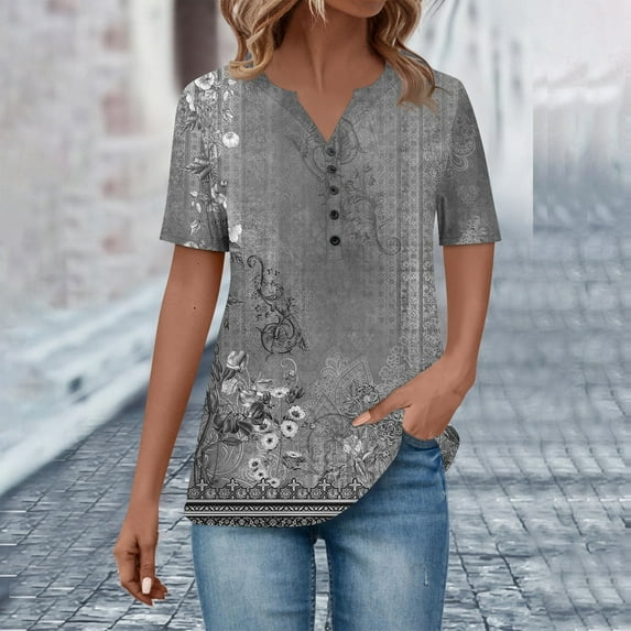 kytmyeq Women's Button Neck Tops Women's Casual Everyday Tops Short Sleeve V Neck Fashion Print Shirt Tops Pocket Tee Sweatshirts