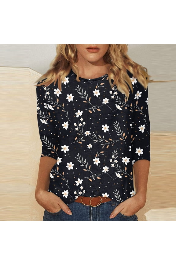 Women's Casual 3/4 Sleeve T-Shirts c rew Neck Tops