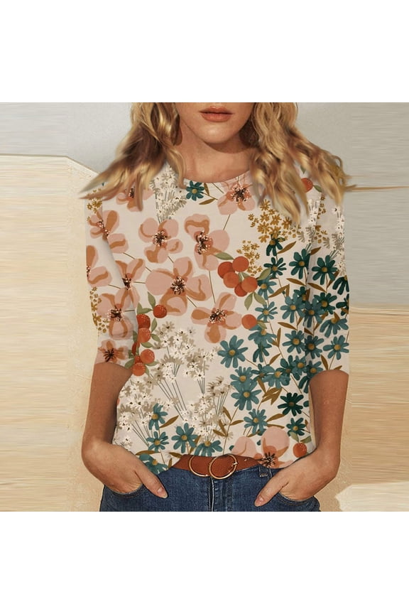 Women's Casual 3/4 Sleeve T-Shirts c rew Neck Tops