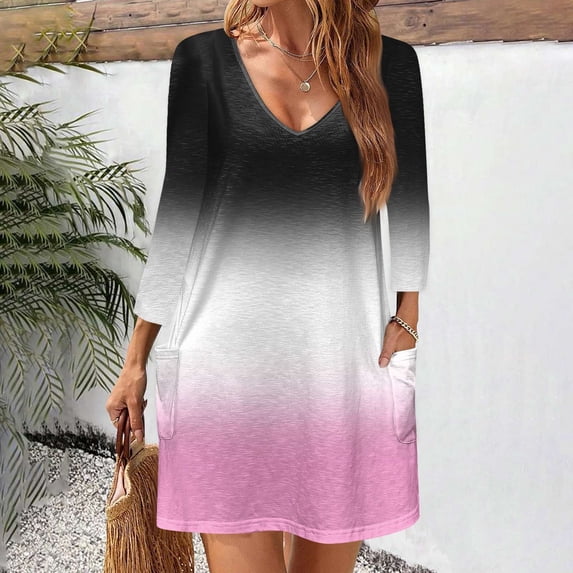 kytmyeq Women's Casual And Fashionable V-neck Gradient Printed Pocket 3/4 Sleeve Loose Fitting Dress
