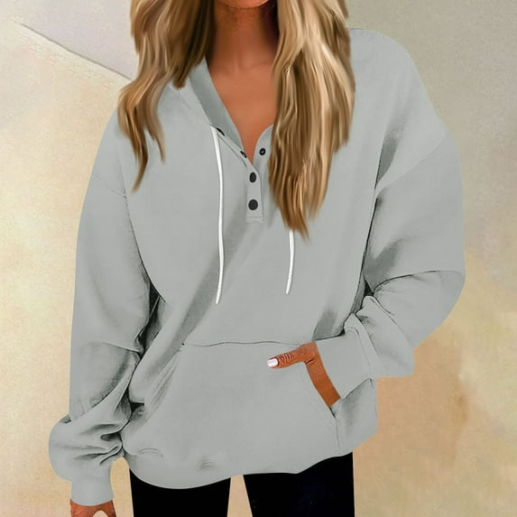 Topvent Women's Casual Fashion Long Sleeve Solid Color Button Pullover Hoodies Sweatshirt Top