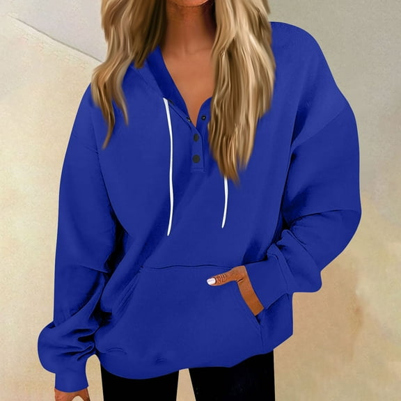 Topvent Women's Casual Fashion Long Sleeve Solid Color Button Pullover Hoodies Sweatshirt Top