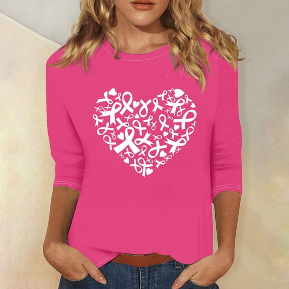 kytmyeq Women's Casual Fashion Print Round Neck Three Quarter Sleeve T-Shirt Top