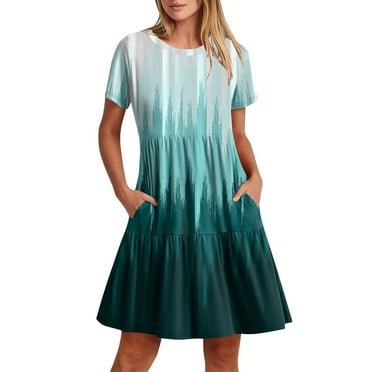 kytmyeq Women's Casual Fashion Round Neck Short Sleeve Printed Midi Dress With Pocket