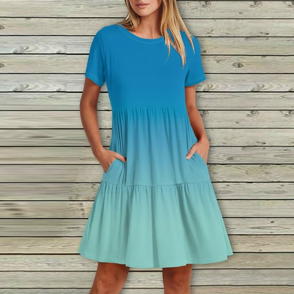 kytmyeq Women's Casual Fashion Round Neck Short Sleeve Printed Midi Dress With Pocket