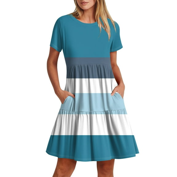 Topvent Women's Casual Fashion Round Neck Short Sleeve Printed Midi Dress With Pocket