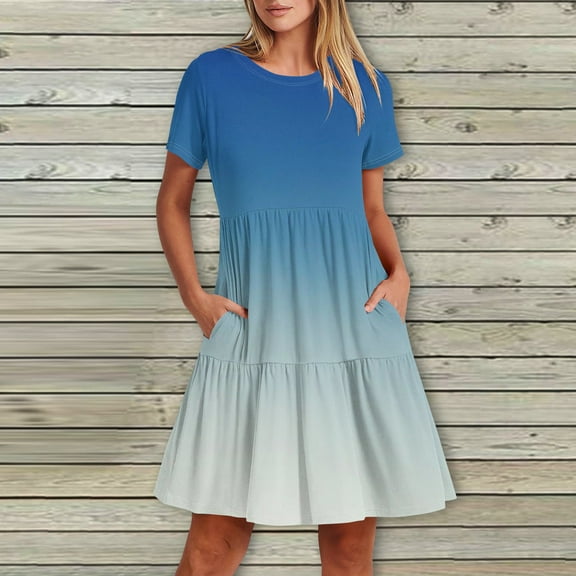 kytmyeq Women's Casual Fashion Round Neck Short Sleeve Printed Midi Dress With Pocket