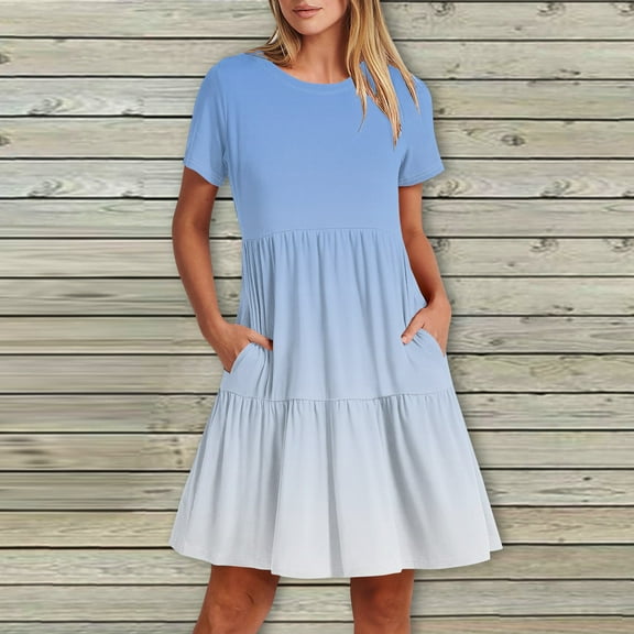 kytmyeq Women's Casual Fashion Round Neck Short Sleeve Printed Midi Dress With Pocket