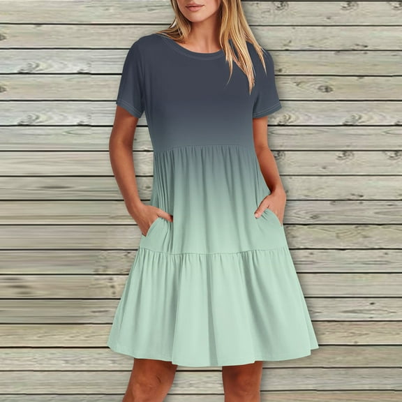 kytmyeq Women's Casual Fashion Round Neck Short Sleeve Printed Midi Dress With Pocket