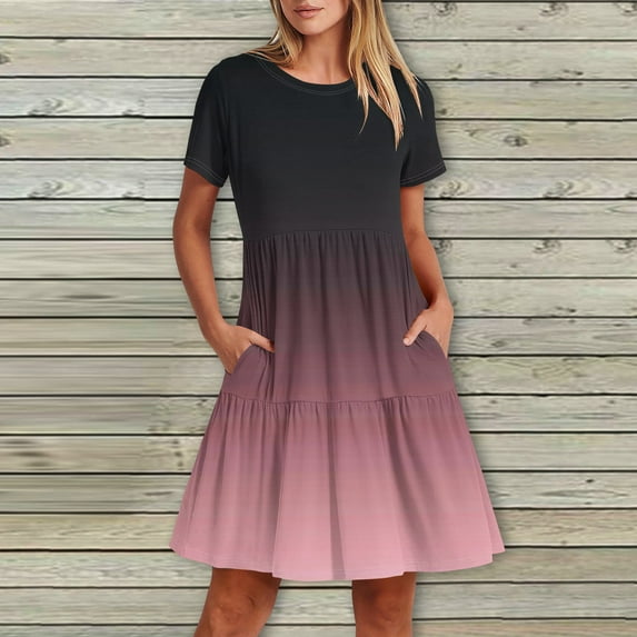 kytmyeq Women's Casual Fashion Round Neck Short Sleeve Printed Midi Dress With Pocket