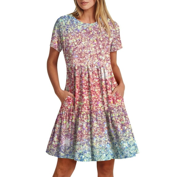 kytmyeq Women's Casual Fashion Round Neck Short Sleeve Printed Midi Dress With Pocket