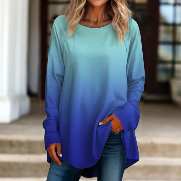 kytmyeq Women's Casual Plus SizeLong Sleeved Round Neck Gradient Printing T-shirt Top Pullover