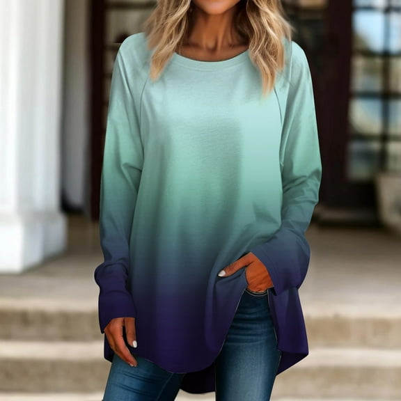 kytmyeq Women's Casual Plus SizeLong Sleeved Round Neck Gradient Printing T-shirt Top Pullover