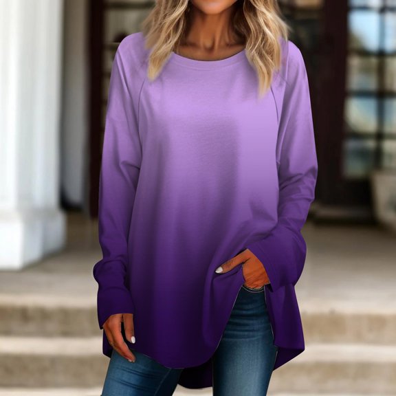kytmyeq Women's Casual Plus SizeLong Sleeved Round Neck Gradient Printing T-shirt Top Pullover