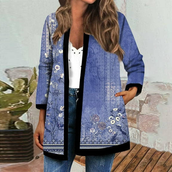 kytmyeq Women's Fall And Winter Fashion Casual Printed Long Sleeve Mid-Length Cardigan Jacket