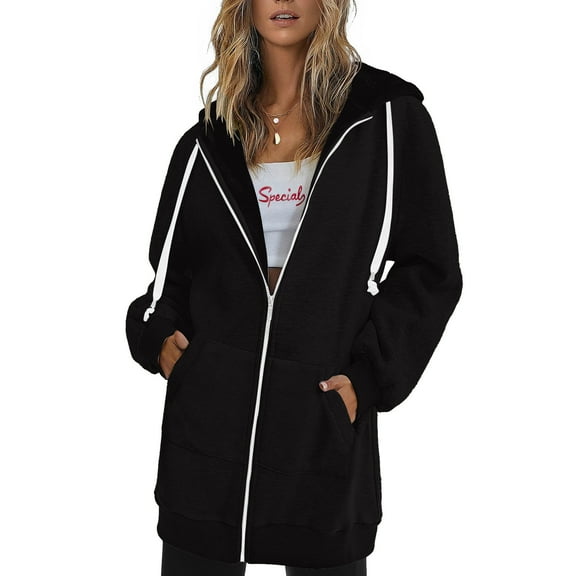 Topvent Women's Fall Sweatshirts Zip Hoodie Oversized Sweatshirts Clothing Casual Drawstring Pocket Jackets Mid Length Hoodie Coat Motorcycle Joggers