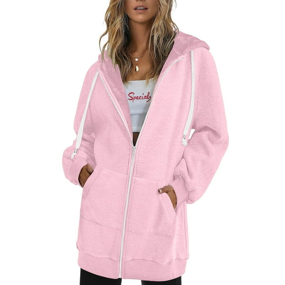Topvent Women's Fall Sweatshirts Zip Hoodie Oversized Sweatshirts Clothing Casual Drawstring Pocket Jackets Mid Length Hoodie Coat Motorcycle Joggers