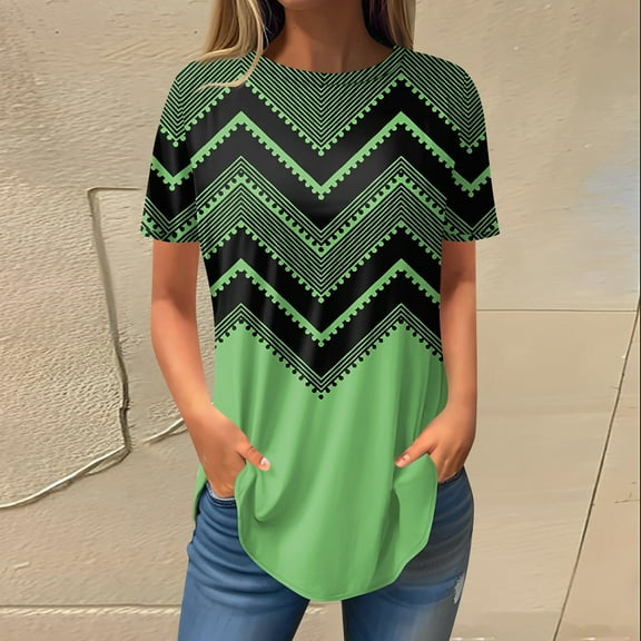 kytmyeq Women's Fashion Casual Going Out Tops Retro Printed Short Sleeve Pullover Blouses Round Neck Tunic