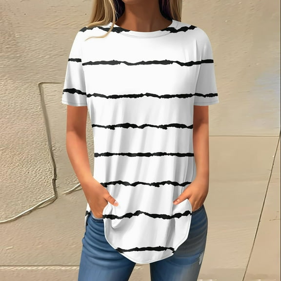 Topvent Women's Fashion Casual Going Out Tops Retro Printed Short Sleeve Pullover Blouses Round Neck Tunic