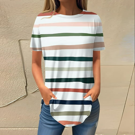 Topvent Women's Fashion Casual Going Out Tops Retro Printed Short Sleeve Pullover Blouses Round Neck Tunic