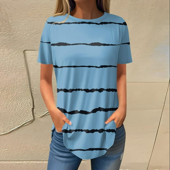 Topvent Women's Fashion Casual Going Out Tops Retro Printed Short Sleeve Pullover Blouses Round Neck Tunic