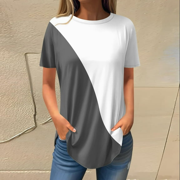 Topvent Women's Fashion Casual Going Out Tops Retro Printed Short Sleeve Pullover Blouses Round Neck Tunic