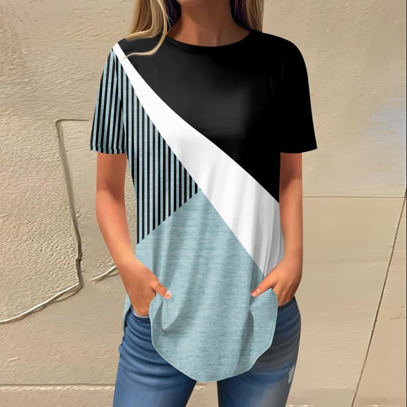 Topvent Women's Fashion Casual Going Out Tops Retro Printed Short Sleeve Pullover Blouses Round Neck Tunic