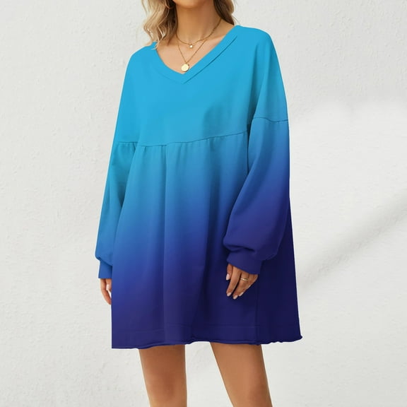 kytmyeq Women's Fashion Casual Gradient Print Large Sweatshirt V-Neck Long Sleeve Loose Dress