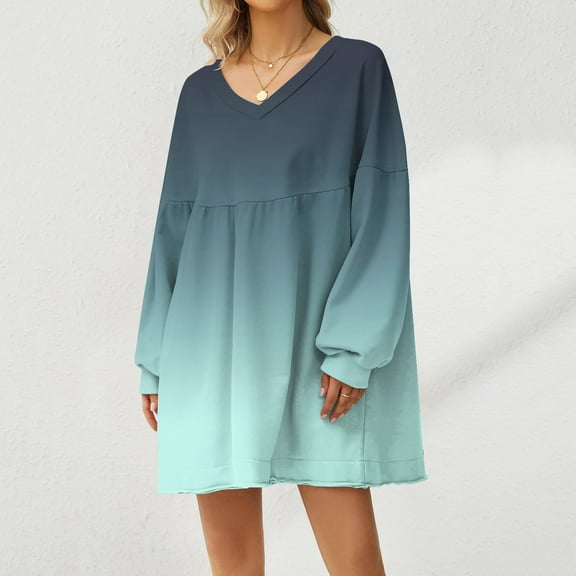 kytmyeq Women's Fashion Casual Gradient Print Large Sweatshirt V-Neck Long Sleeve Loose Dress
