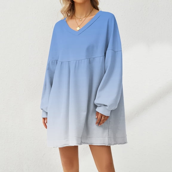 kytmyeq Women's Fashion Casual Gradient Print Large Sweatshirt V-Neck Long Sleeve Loose Dress