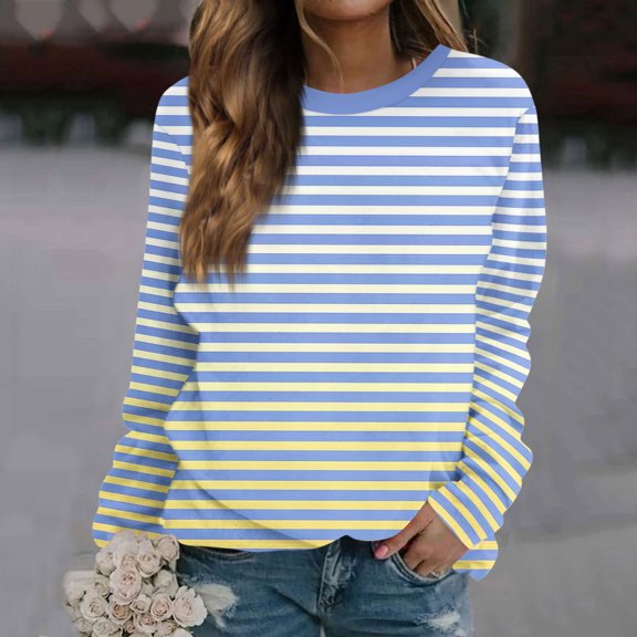 Topvent Women's Fashion Casual Long Sleeve Gradient Stripe Printed Round Neck Sweatshirt Loose Top