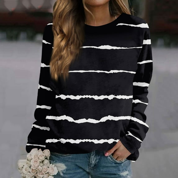 Topvent Women's Fashion Casual Long Sleeve Gradient Stripe Printed Round Neck Sweatshirt Loose Top