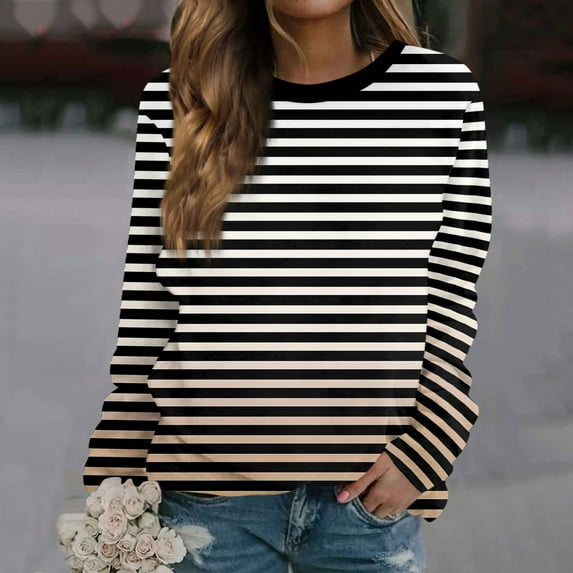 Topvent Women's Fashion Casual Long Sleeve Gradient Stripe Printed Round Neck Sweatshirt Loose Top