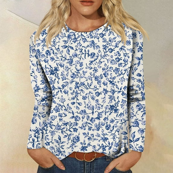 kytmyeq Women's Fashion Casual Long Sleeve Print Round Neck Pullover Top Blouse