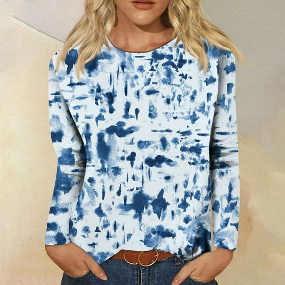 kytmyeq Women's Fashion Casual Long Sleeve Print Round Neck Pullover Top Blouse