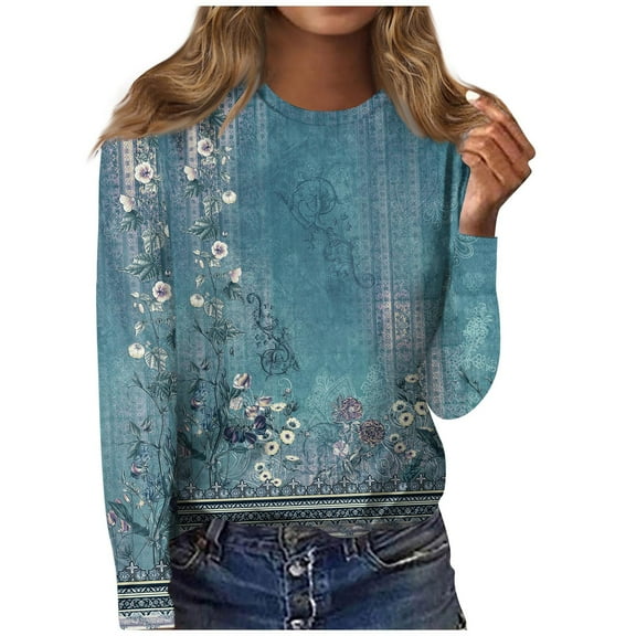 kytmyeq Women's Fashion Casual Long Sleeve Print Round Neck Pullover Top Blouse