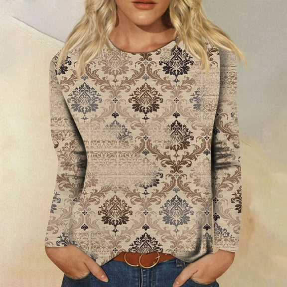 kytmyeq Women's Fashion Casual Long Sleeve Print Round Neck Pullover Top Blouse