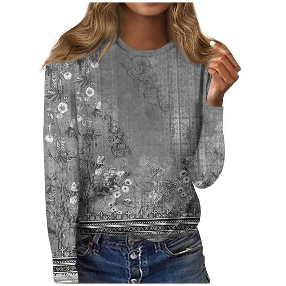 kytmyeq Women's Fashion Casual Long Sleeve Print Round Neck Pullover Top Blouse