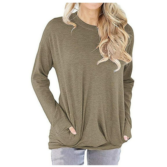 Topvent Women's Fashion Casual Round Neck Solid Color Long Sleeve Pocket T-Shirt Top