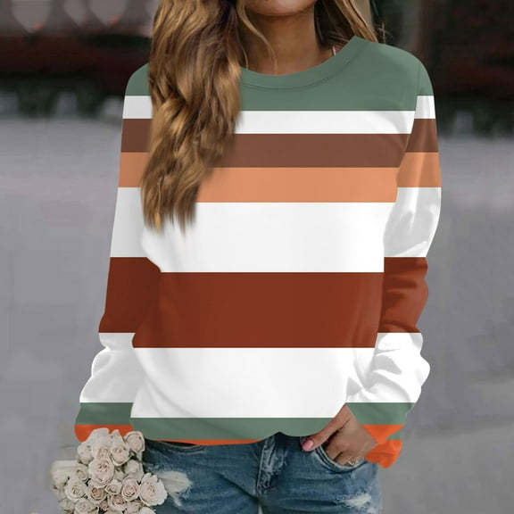 Topvent Women's Fashion Casual Stripe Printed Round Neck Sweatshirt Long Sleeve Tops Round Neck Tops