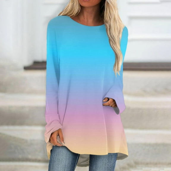 Topvent Women's Fashion Casual T-shirt Gradient Long Sleeve Round Neck Medium Long Top