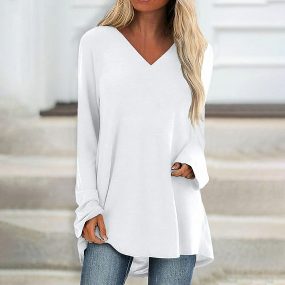 kytmyeq Women's Fashion Casual T-shirt Solid Color Long Sleeve V-neck Medium Long Top