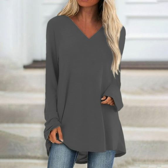 kytmyeq Women's Fashion Casual T-shirt Solid Color Long Sleeve V-neck Medium Long Top