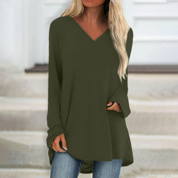 kytmyeq Women's Fashion Casual T-shirt Solid Color Long Sleeve V-neck Medium Long Top
